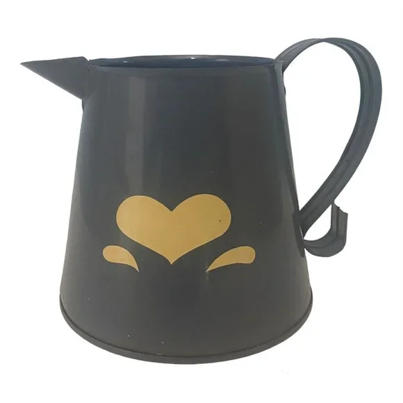 Metal Pitcher Planter Vase Blue With Beige Heart And Plastic Insert 4.5 Inches - Picture 1 of 12